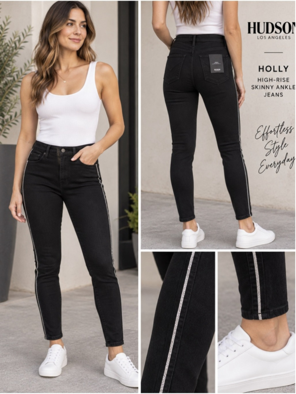 Hudson Holly High-Rise Skinny Ankle Jeans in Black with Side Stripe Size 29